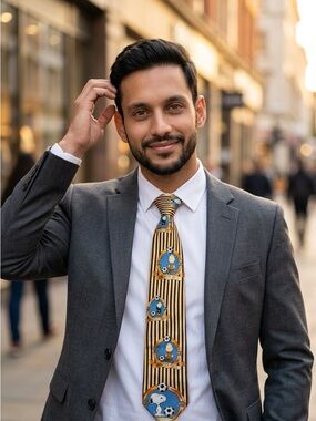 2040 - Peanuts Gold, Black & White Striped Silk Tie